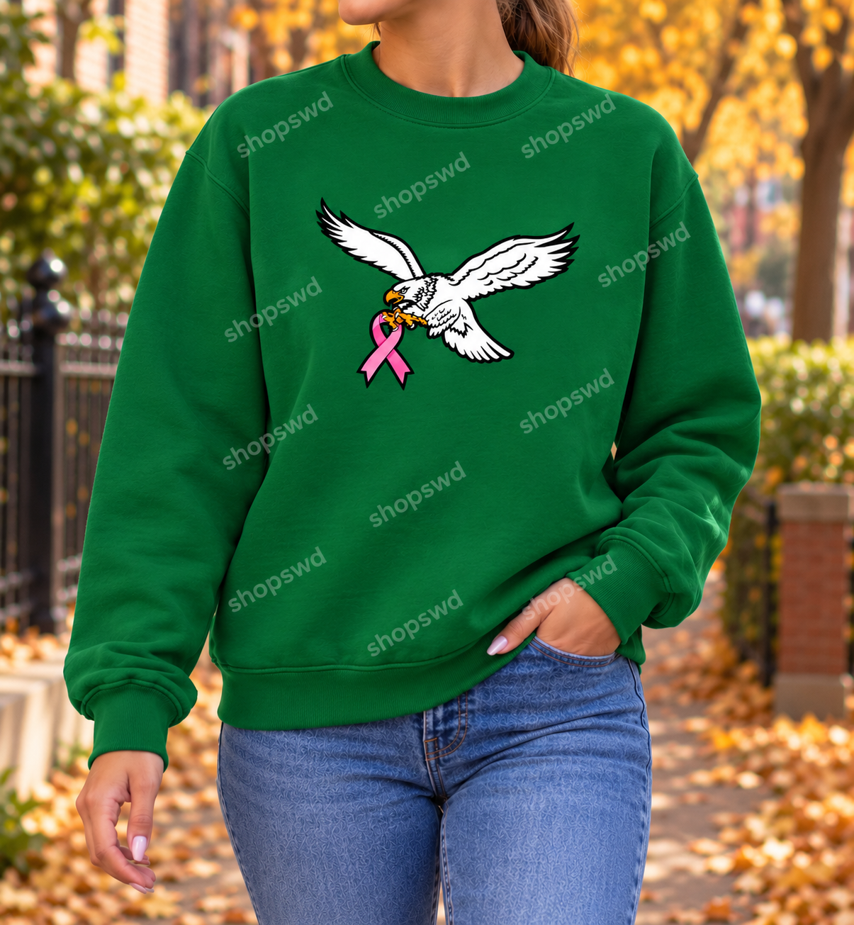 Eagle Pink Ribbon Crewneck — Forest Green